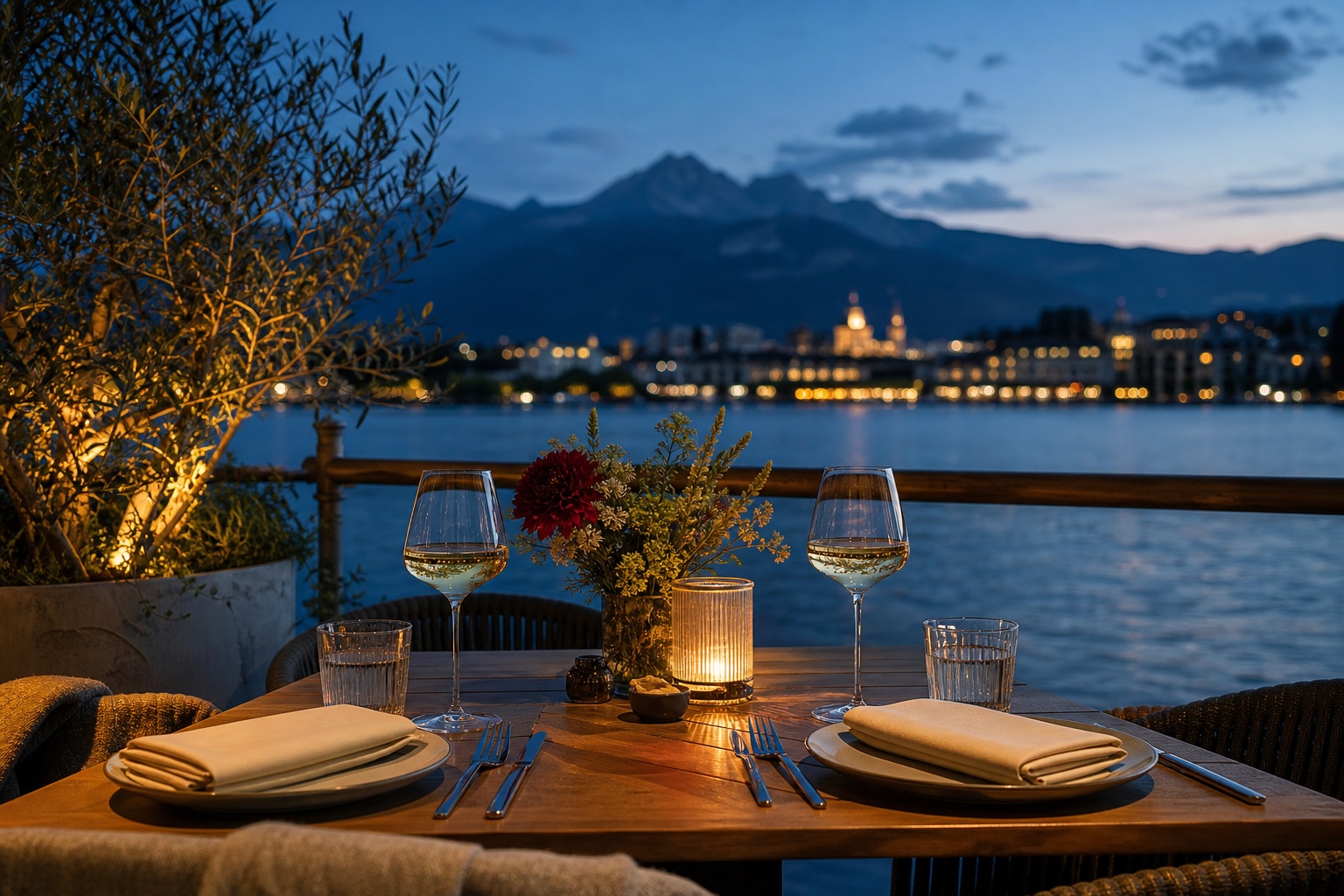 Stilvoll gedeckter Tisch für zwei mit Blick auf den Vierwaldstättersee bei Abendlicht