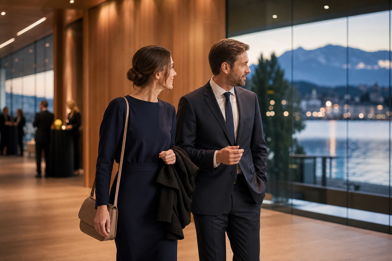 Erwachsenes, elegant gekleidetes Paar auf dem Weg zu einem Kongressempfang in Luzern