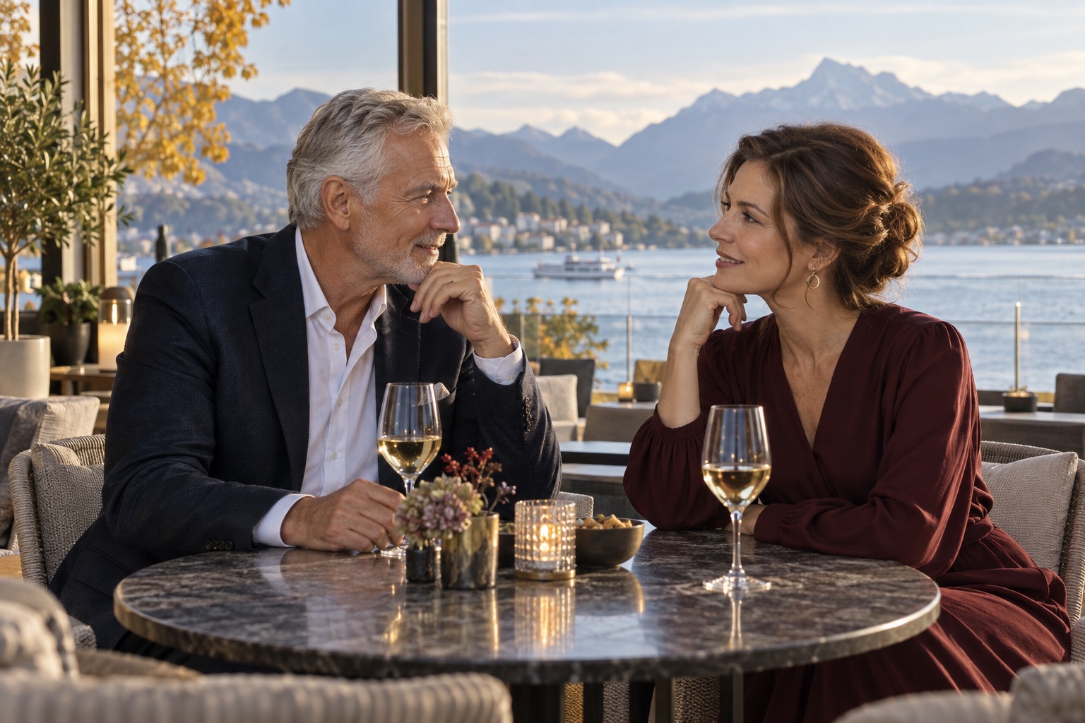 Erwachsenes Paar bei einem ruhigen Gespräch in einer Lounge am Vierwaldstättersee, der Mann etwa 60 Jahre alt