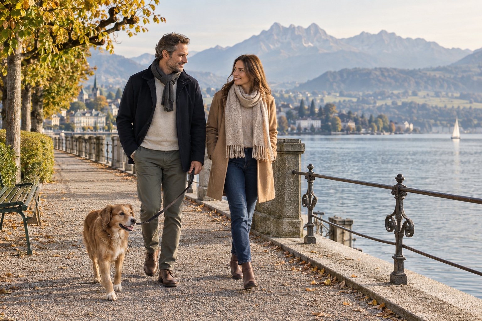 Erwachsenes, elegant gekleidetes Paar mit Hund bei einem Spaziergang am Vierwaldstättersee