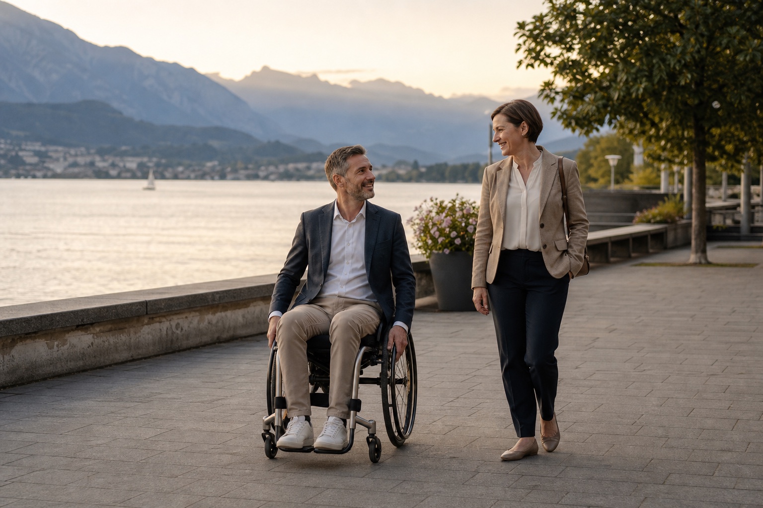 Erwachsenes, elegant gekleidetes Paar, der Mann im Rollstuhl, bei einem Spaziergang am See in Luzern