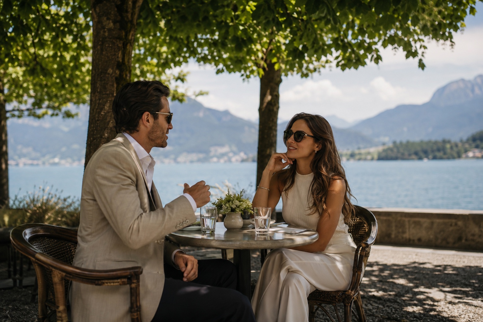 Erwachsenes, elegant gekleidetes Paar im Gespräch auf einer schattigen Terrasse am Vierwaldstättersee