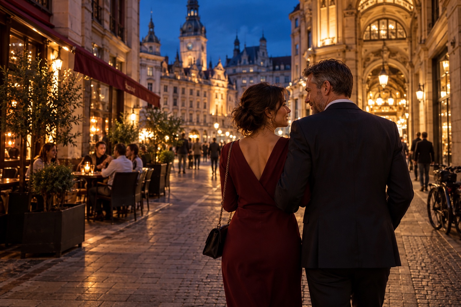 Symbolisches Abendmotiv mit einem erwachsenen, elegant gekleideten Paar für einen Leipzig-Trip