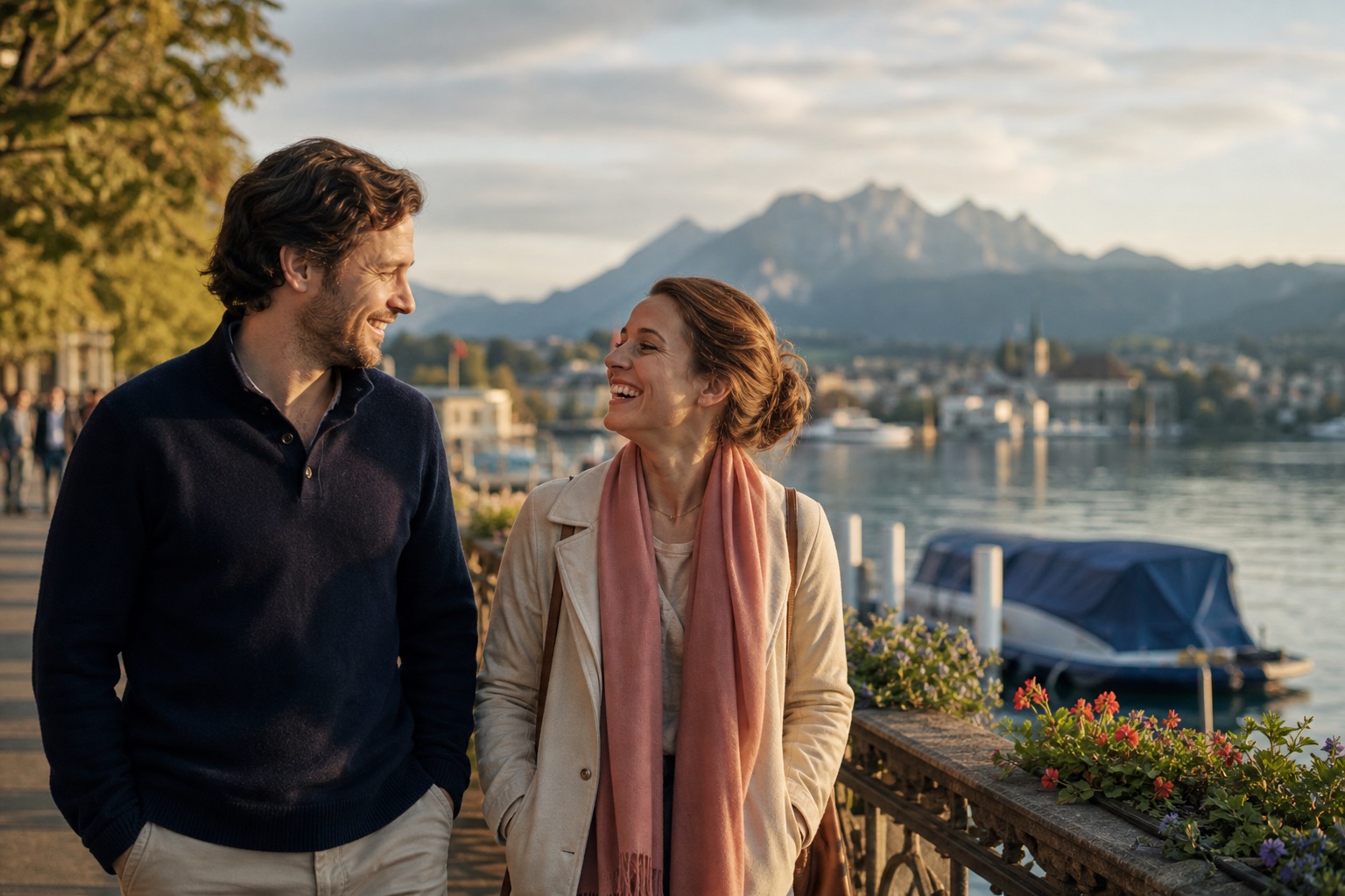 Paar im persönlichen Gespräch bei einem Spaziergang am Vierwaldstättersee in Luzern