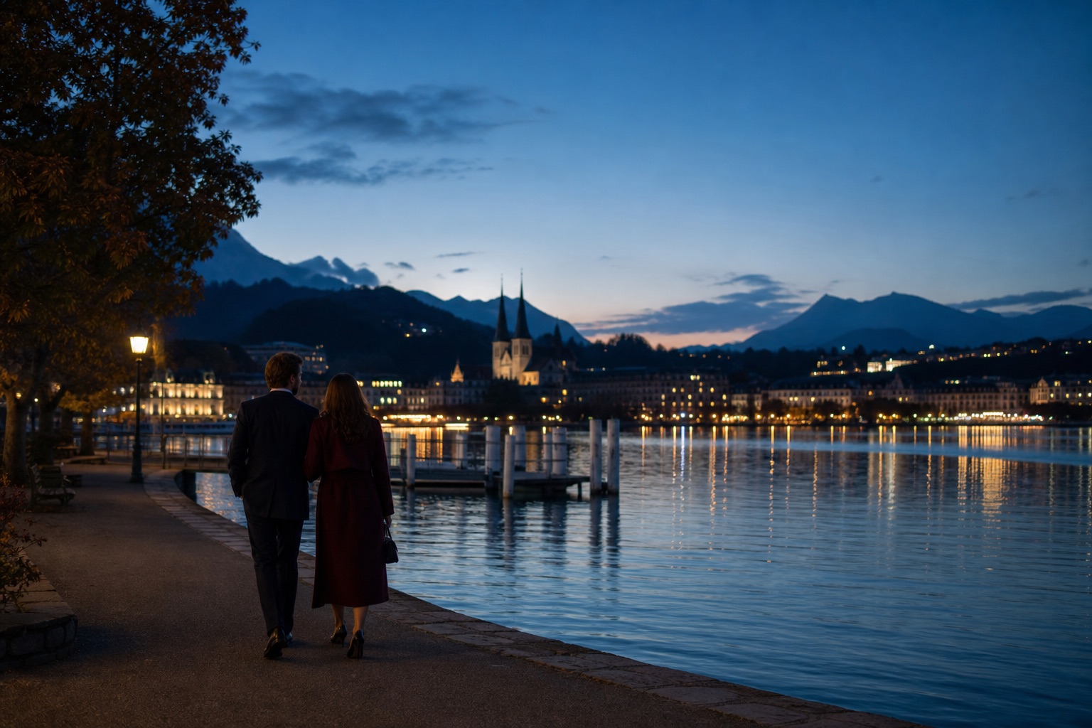 Elegant gekleidetes Paar bei einem Abendspaziergang am Vierwaldstättersee in Luzern